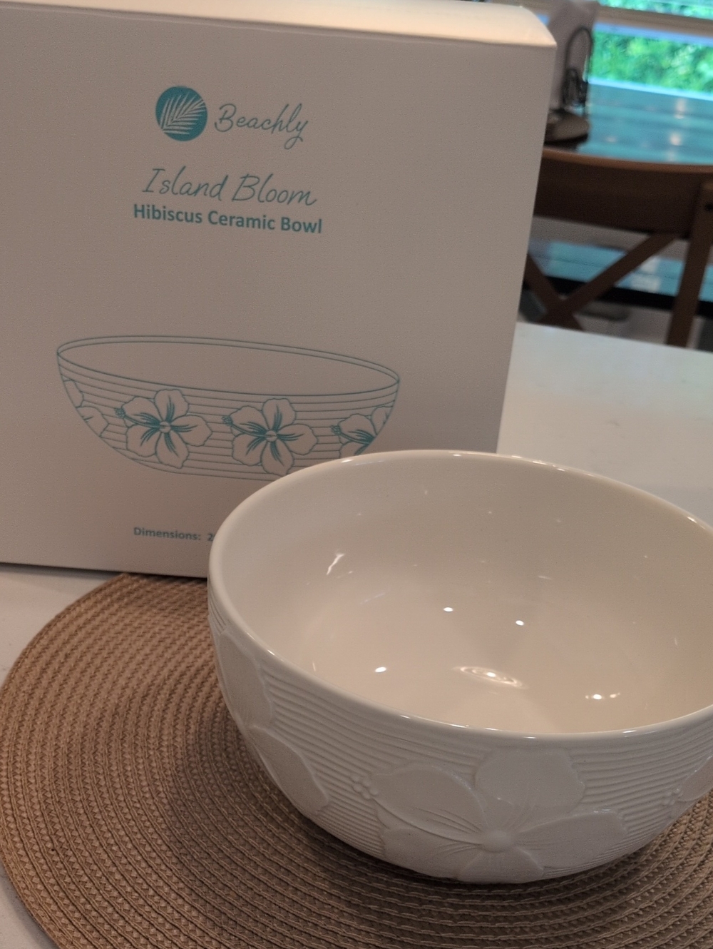Beachly Island Bloom Hibiscus Ceramic Bowl - White - 8 in Across, 4 in Tall